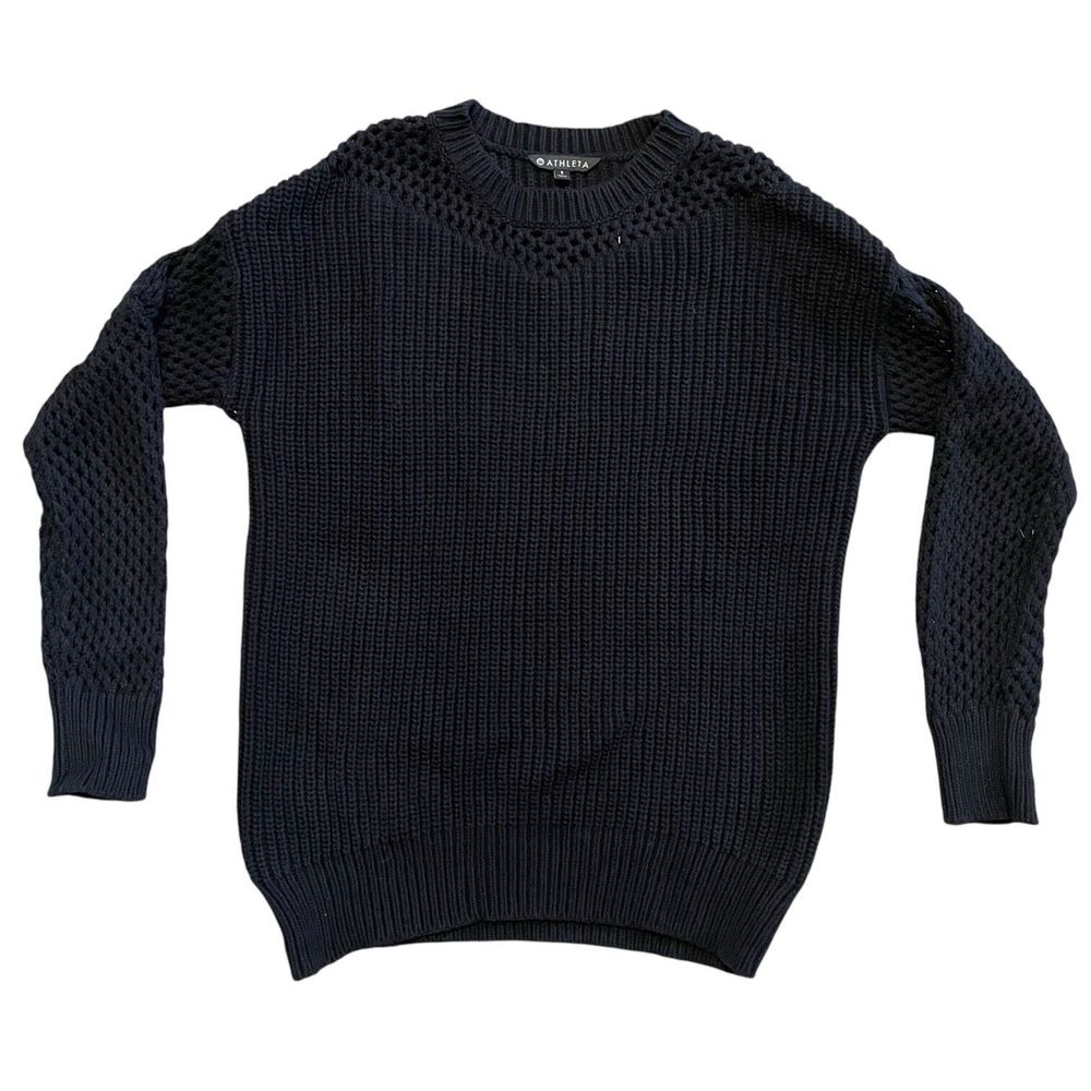 Athleta Black Crochet Knit Crew Neck Chunky Oversized Sweater Size Small